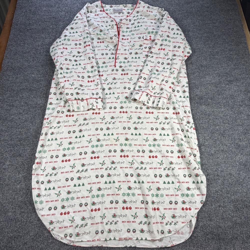Vintage Oscar de la Renta Christmas Flannel Nightgown White Red L Grandmacore
